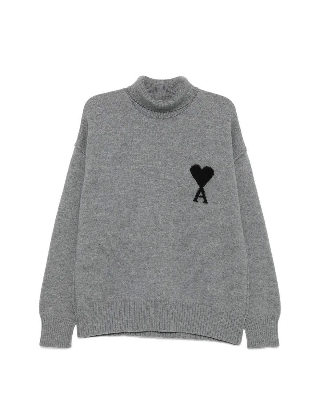 AMI Gray Funnel Neck Sweater With Contrasted Ami De Coeur