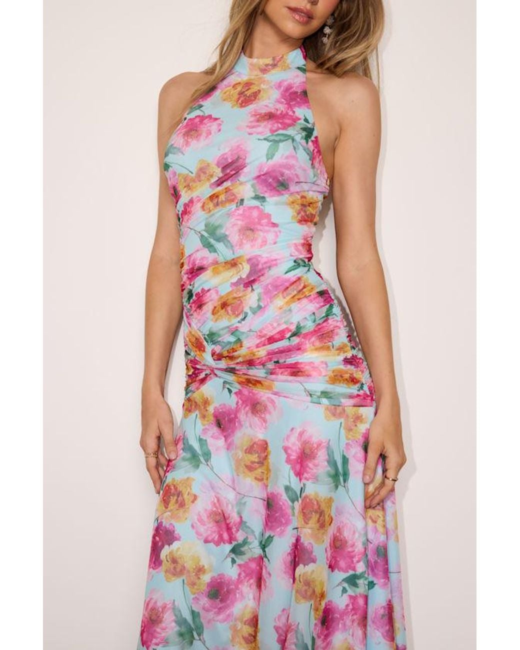 Lulus Pink Nancy Multi Mesh Halter Midi Dress