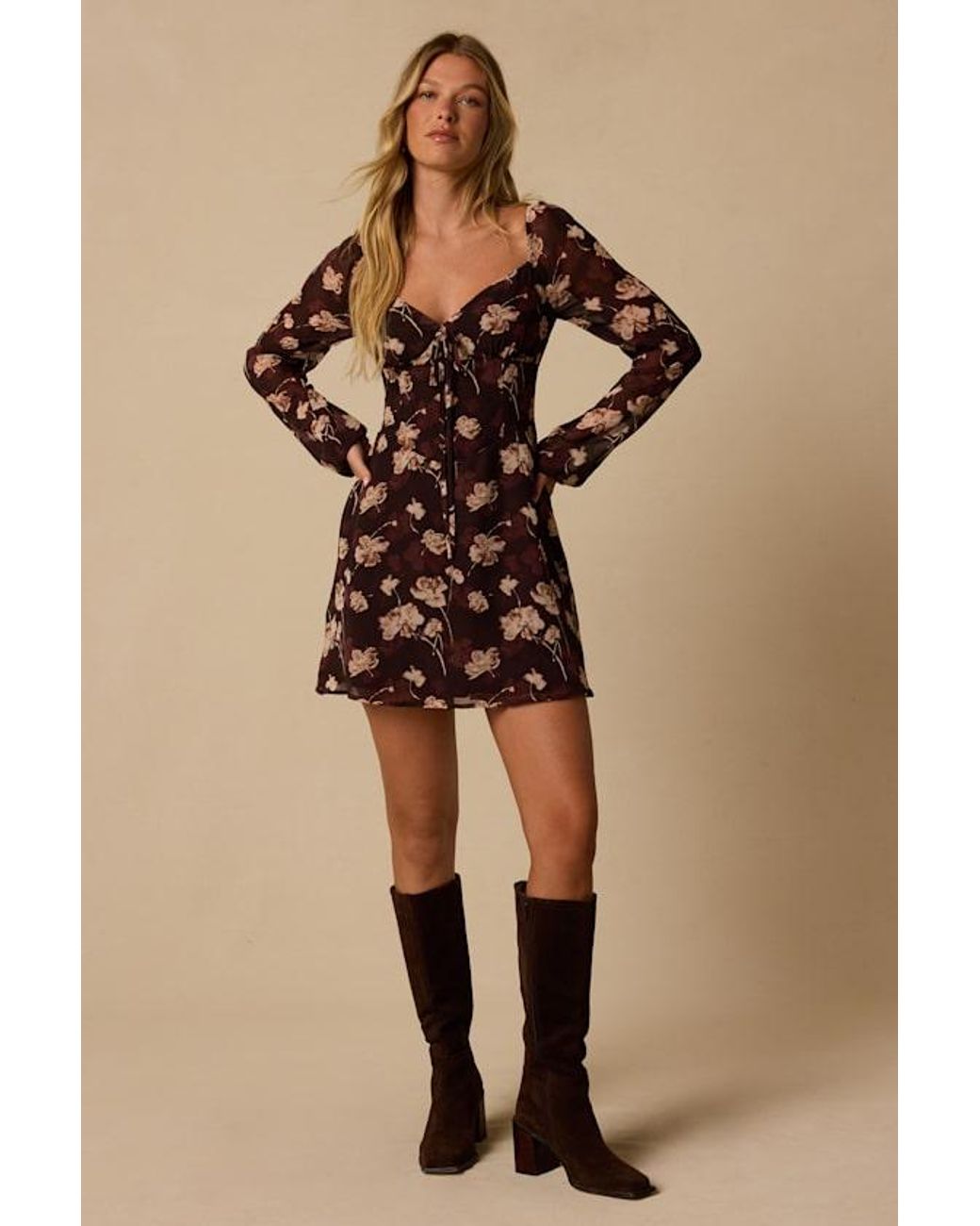 Lulus Brown Jodie Floral Long Sleeve Mini Dress