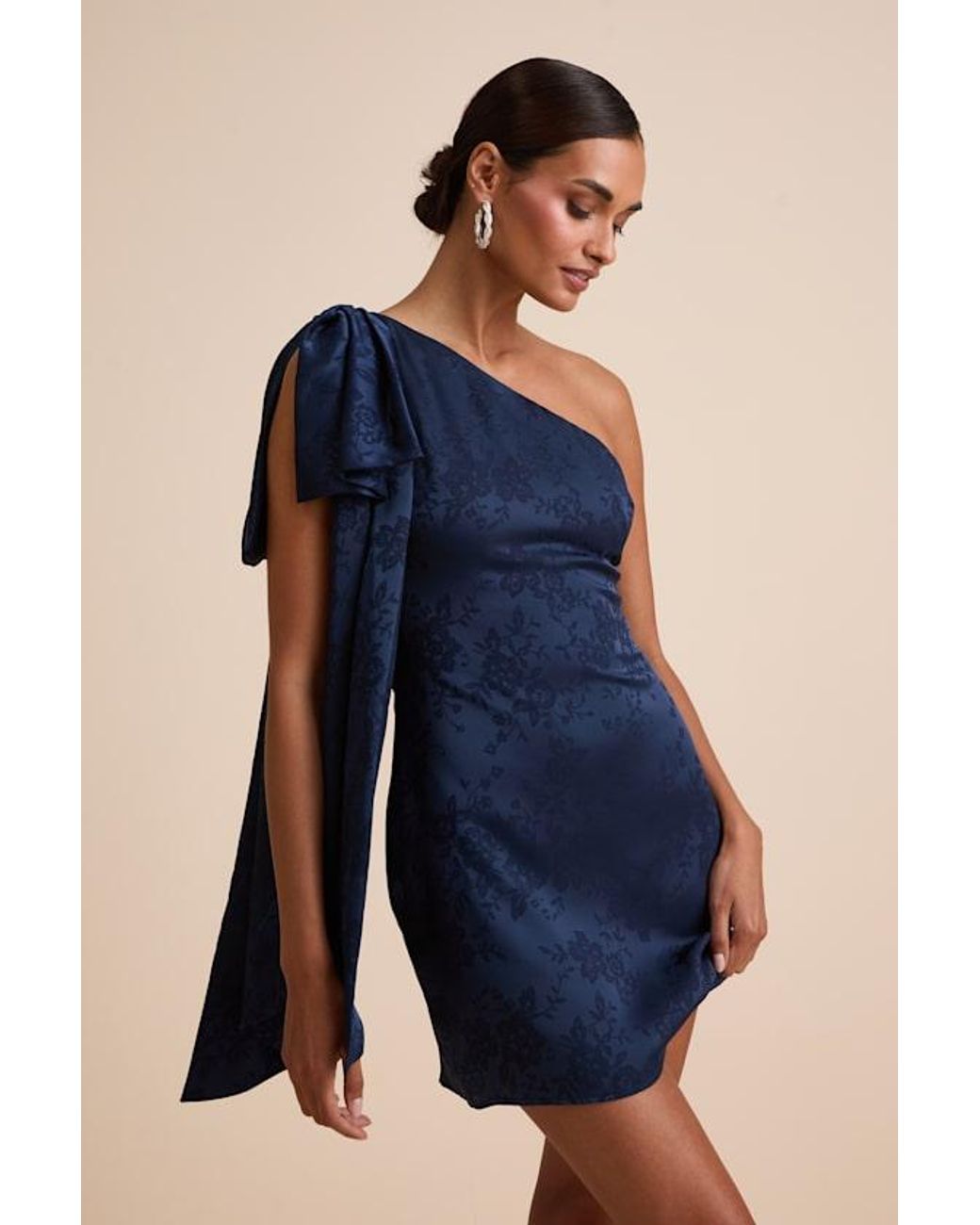 Lulus Blue Jayda Satin Jacquard One-Shoulder Sash Mini Dress