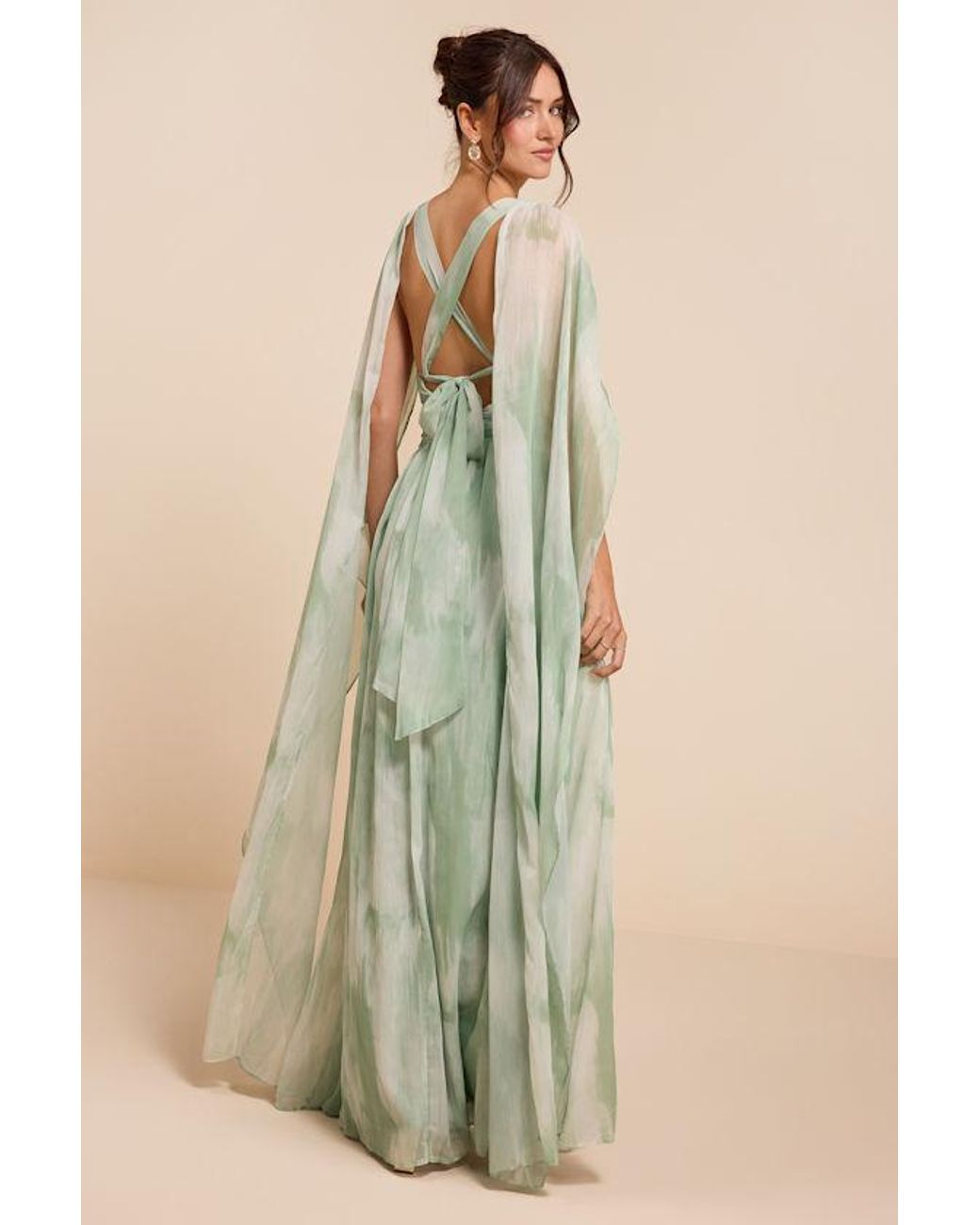 Lulus Green Damaria Sage Multi Abstract Cape Sleeve Maxi Dress