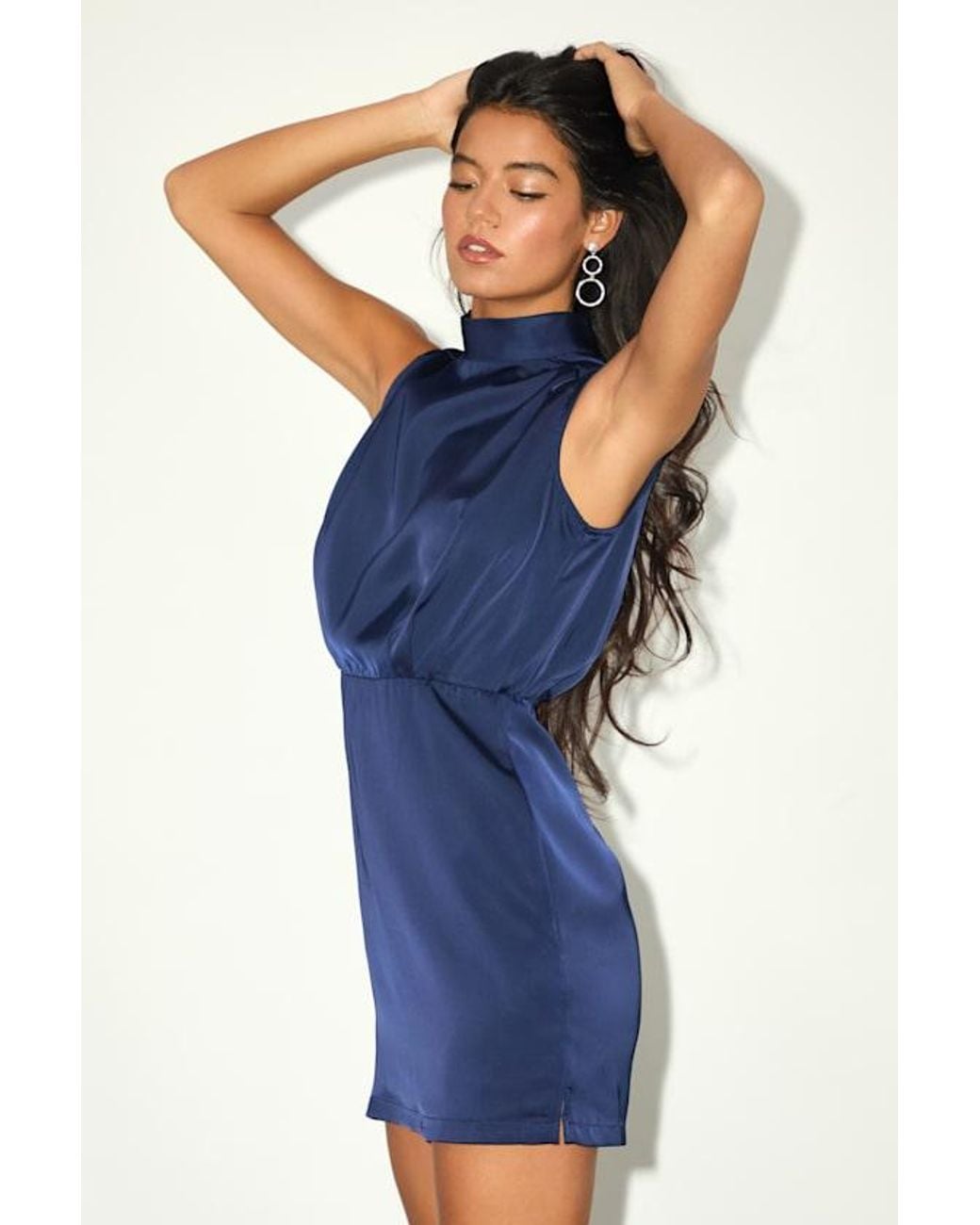 Lulus Blue Classic Elegance Satin Sleeveless Mock Neck Mini Dress