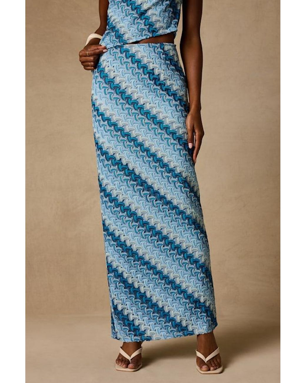 Lulus Blue Fiala Multi Crochet Chevron Mermaid Maxi Skirt