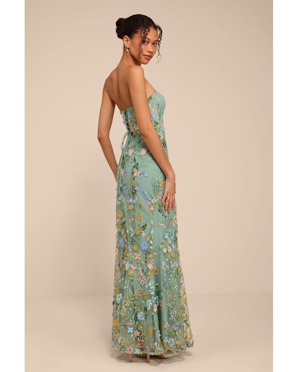 Lulus Green Stefanie Dark Sage Floral Embroidered Mermaid Maxi Dress