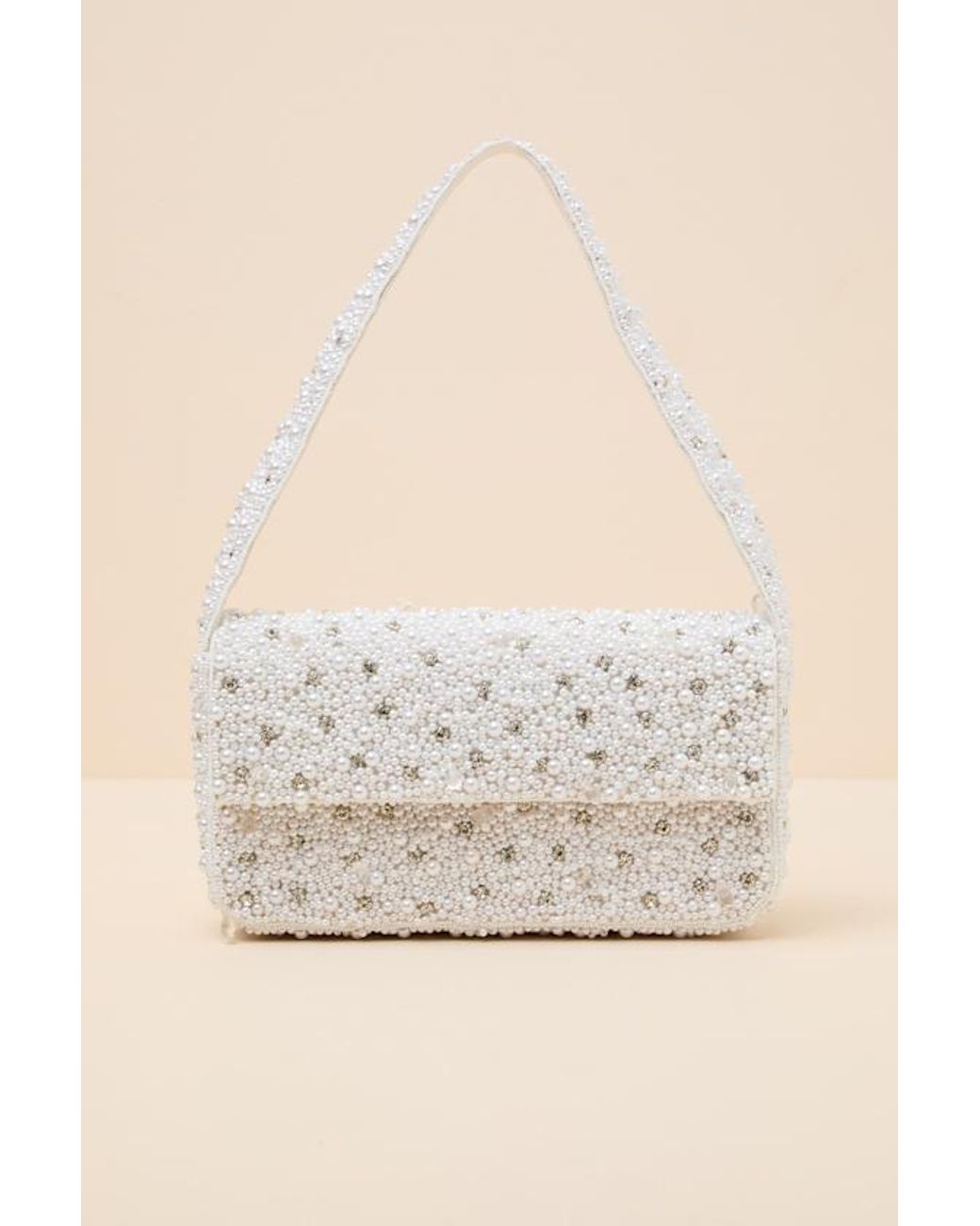 Lulus Natural Vivi Pearl Rhinestone Shoulder Bag