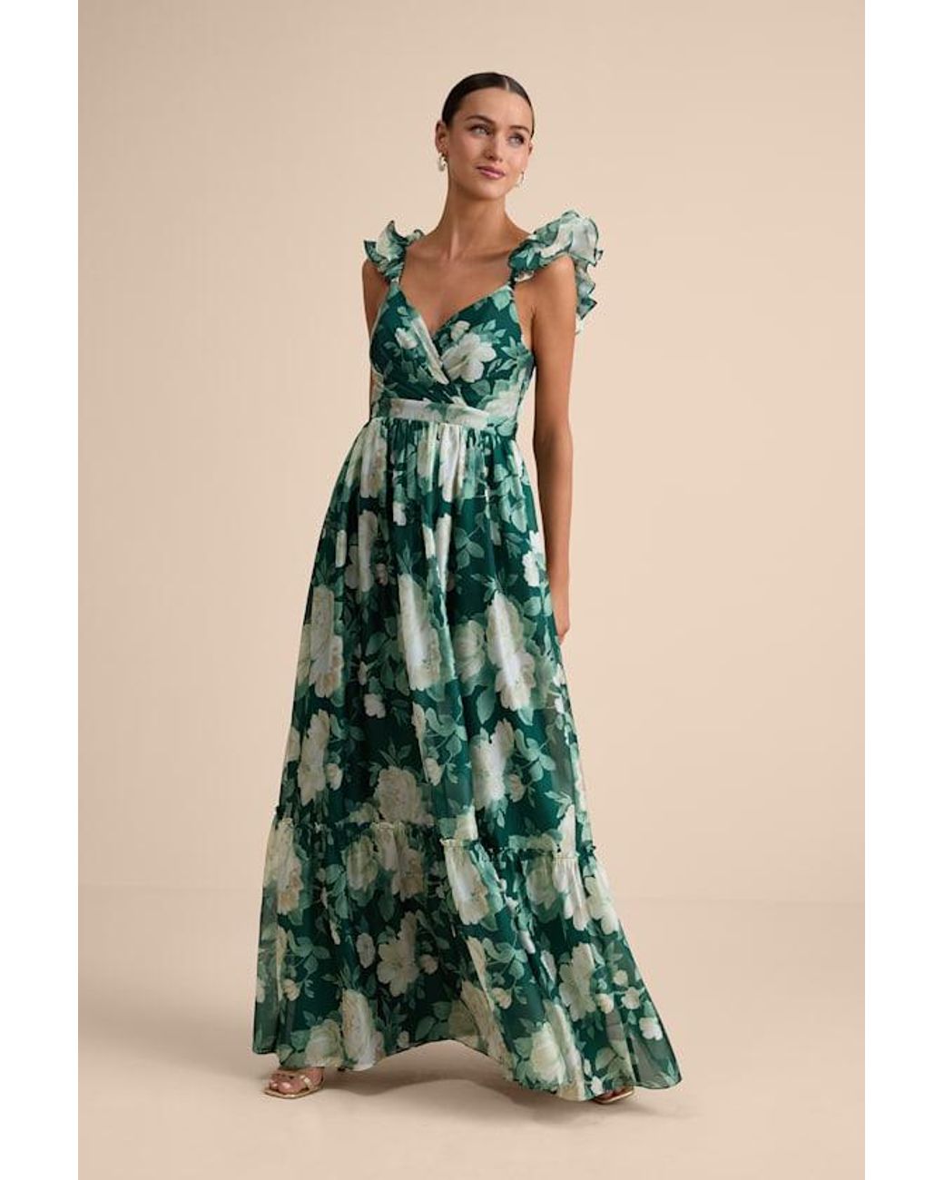 Lulus Soiree Perfection Floral Ruffled Tiered Maxi Dress in Green | Lyst