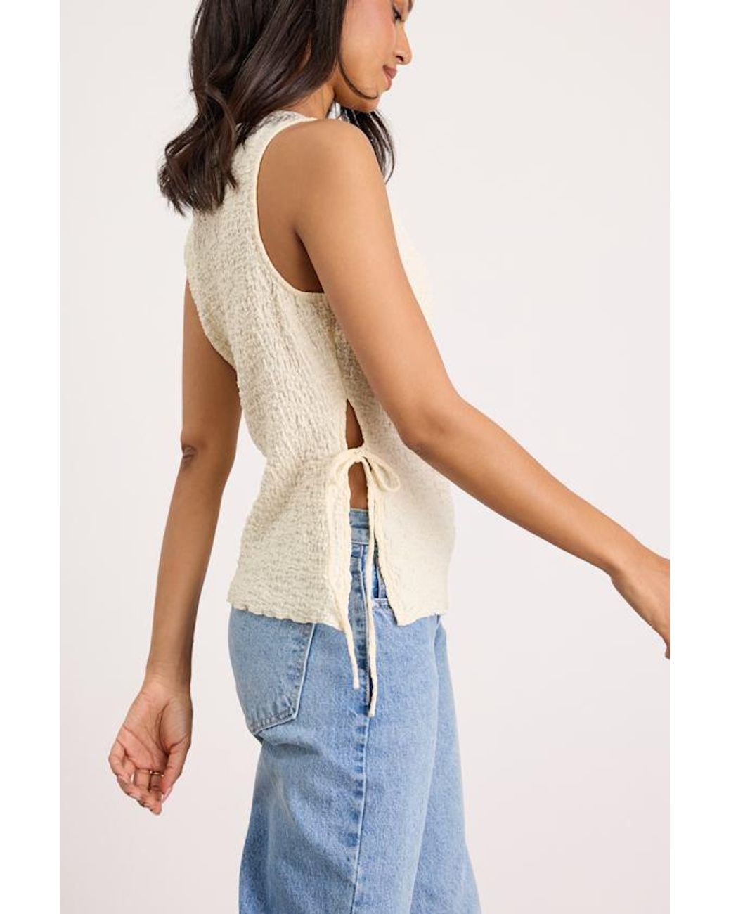 Lulus Blue Bizzy Cream Textured Side-Tie Tank Top