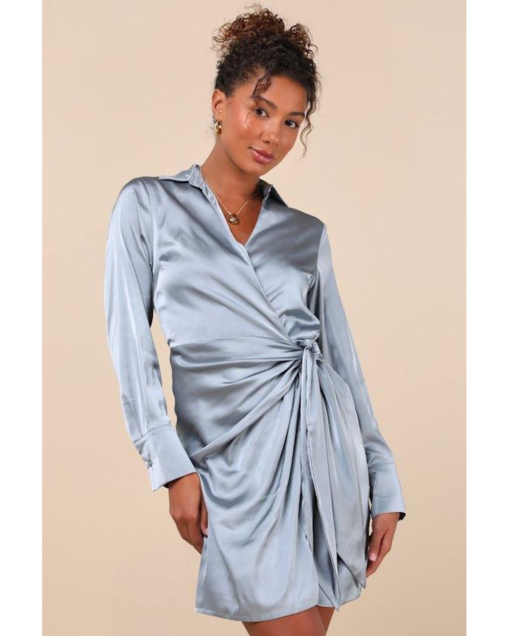 Lulus Blue Painterly Perfection Satin Wrap Mini Dress