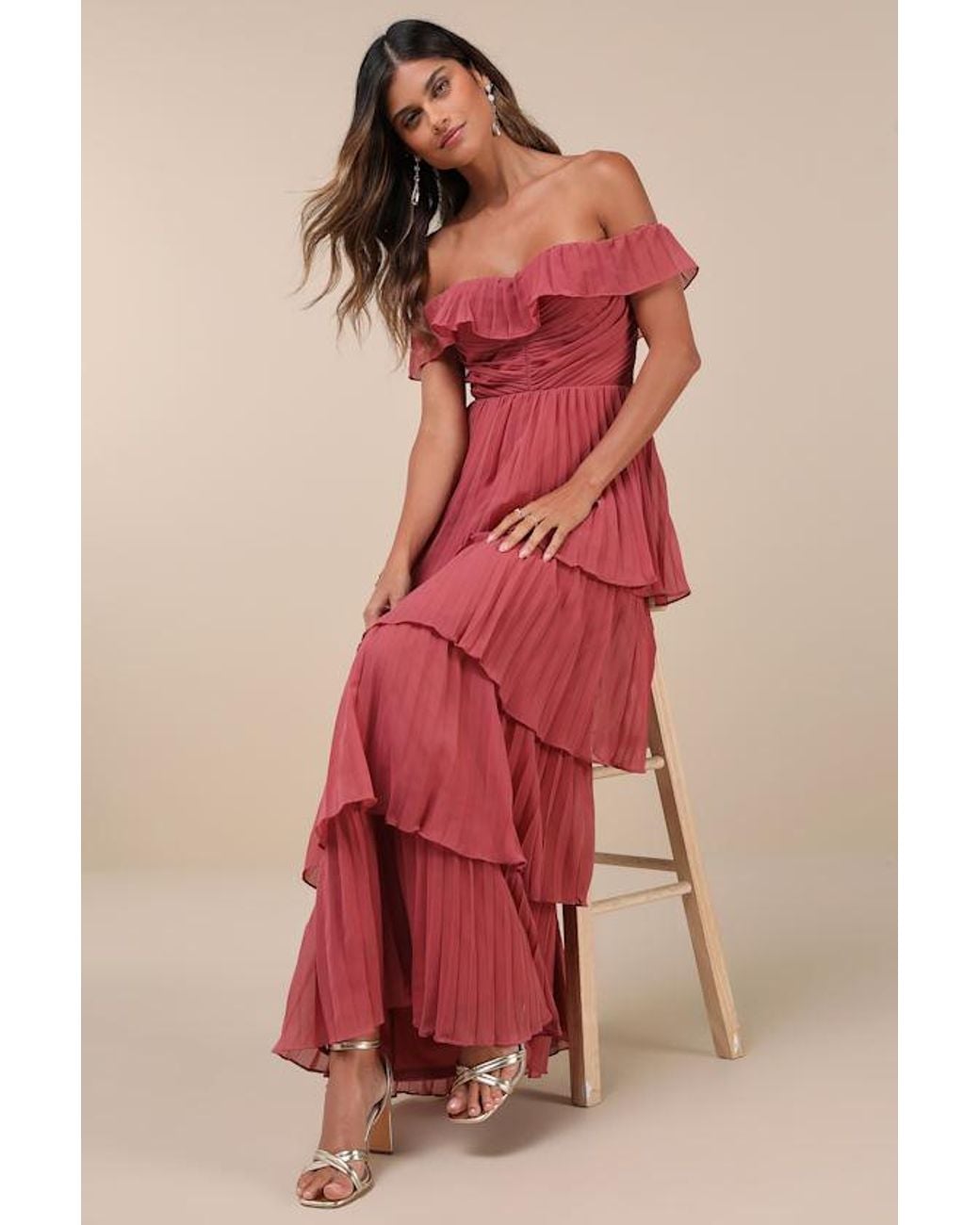 Lulus Red Always Remarkable Pleated Off-The-Shoulder Maxi Dress