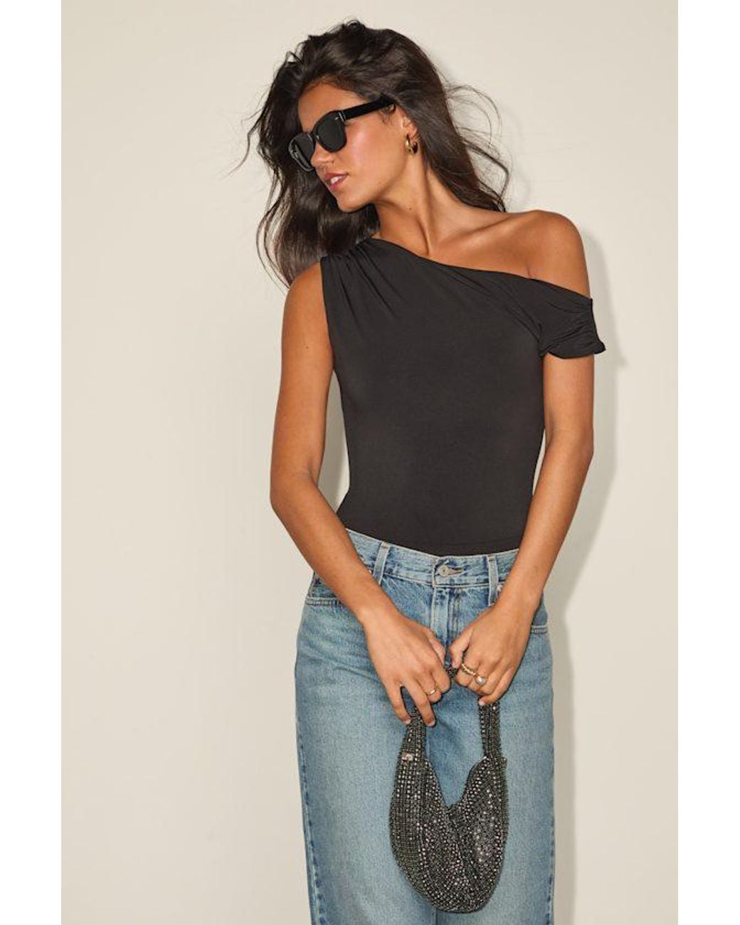 Lulus Blue Lulah Slinky Knit Asymmetrical Bodysuit