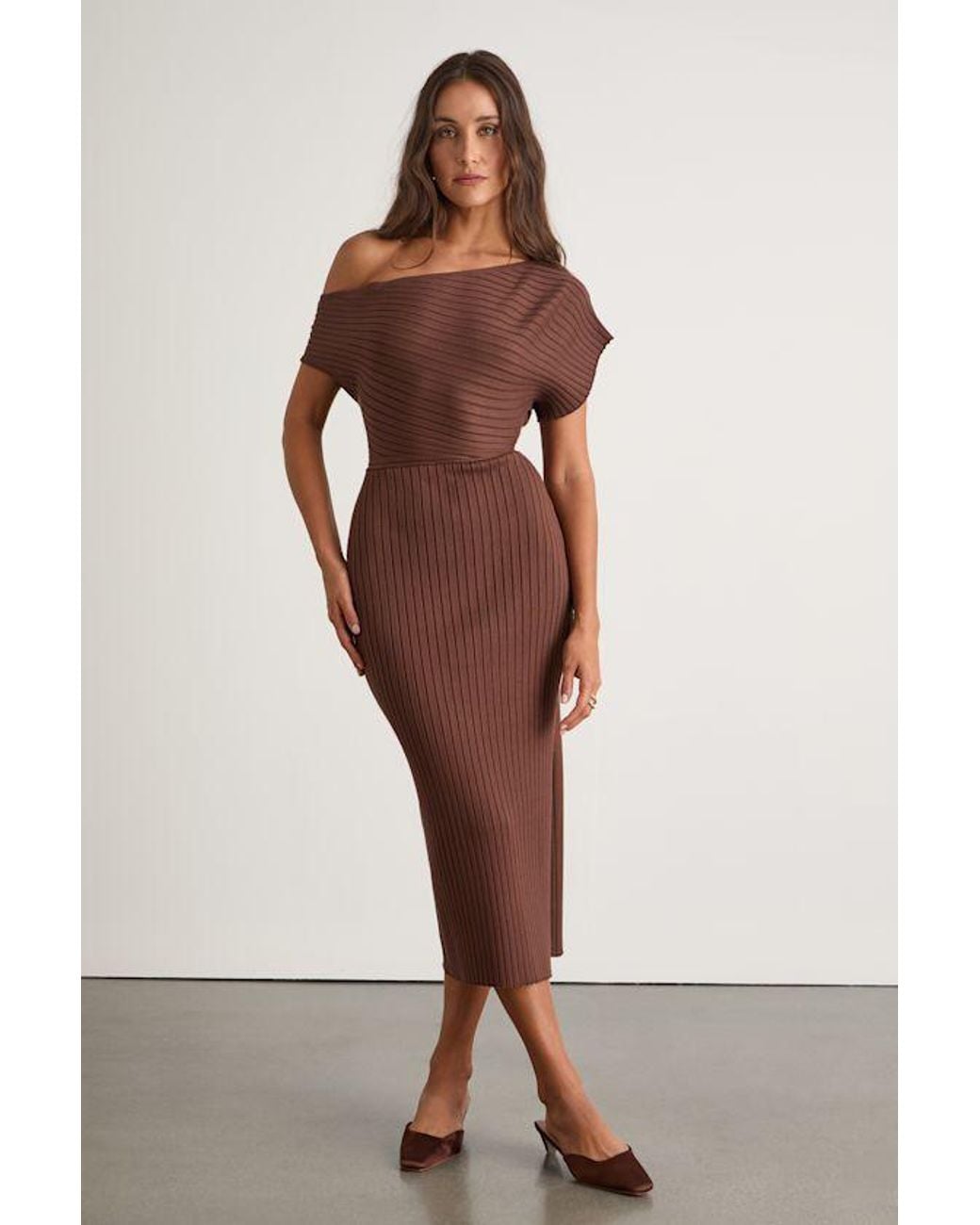 Lulus Brown Brady Ribbed Off-The-Shoulder Sweater Midi Dress