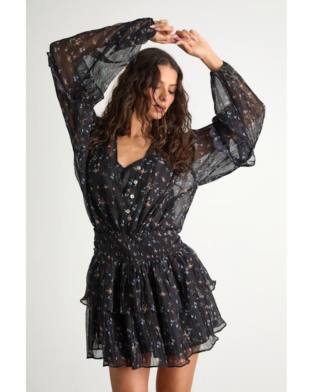 Lulus Black Christy Floral Button-Front Long Sleeve Mini Dress