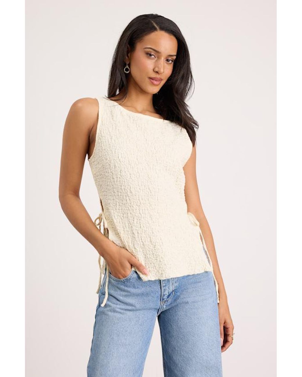 Lulus Blue Bizzy Cream Textured Side-Tie Tank Top