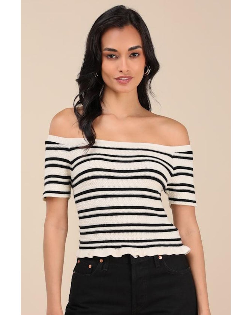 Lulus Black Erela Cream And Striped Off-The-Shoulder Sweater Top