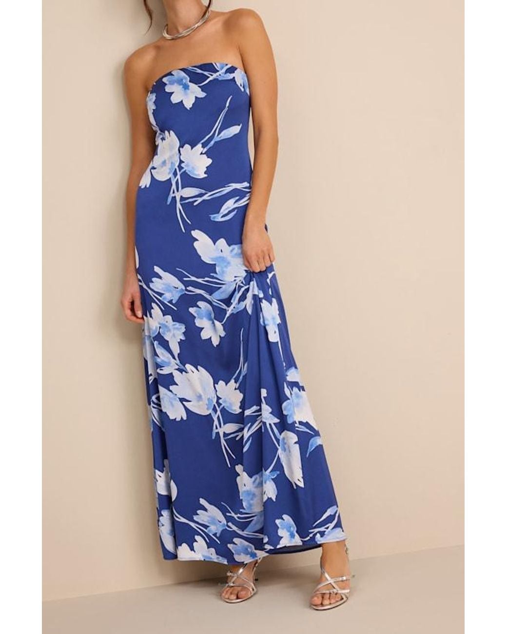 Lulus Blue Arisa Floral Satin Strapless Maxi Dress