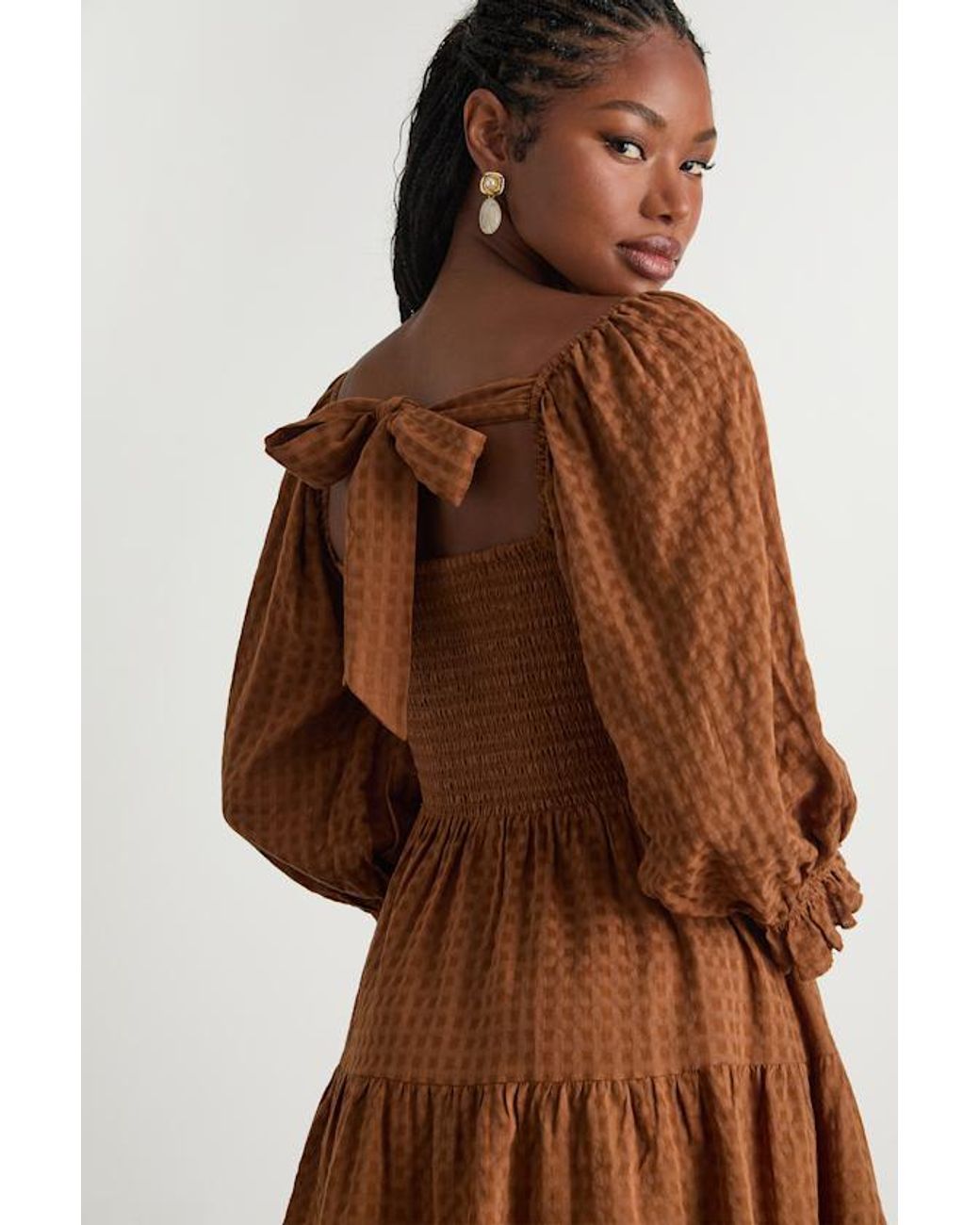 Lulus Brown Charming Afternoon Gingham Balloon Sleeve Mini Dress