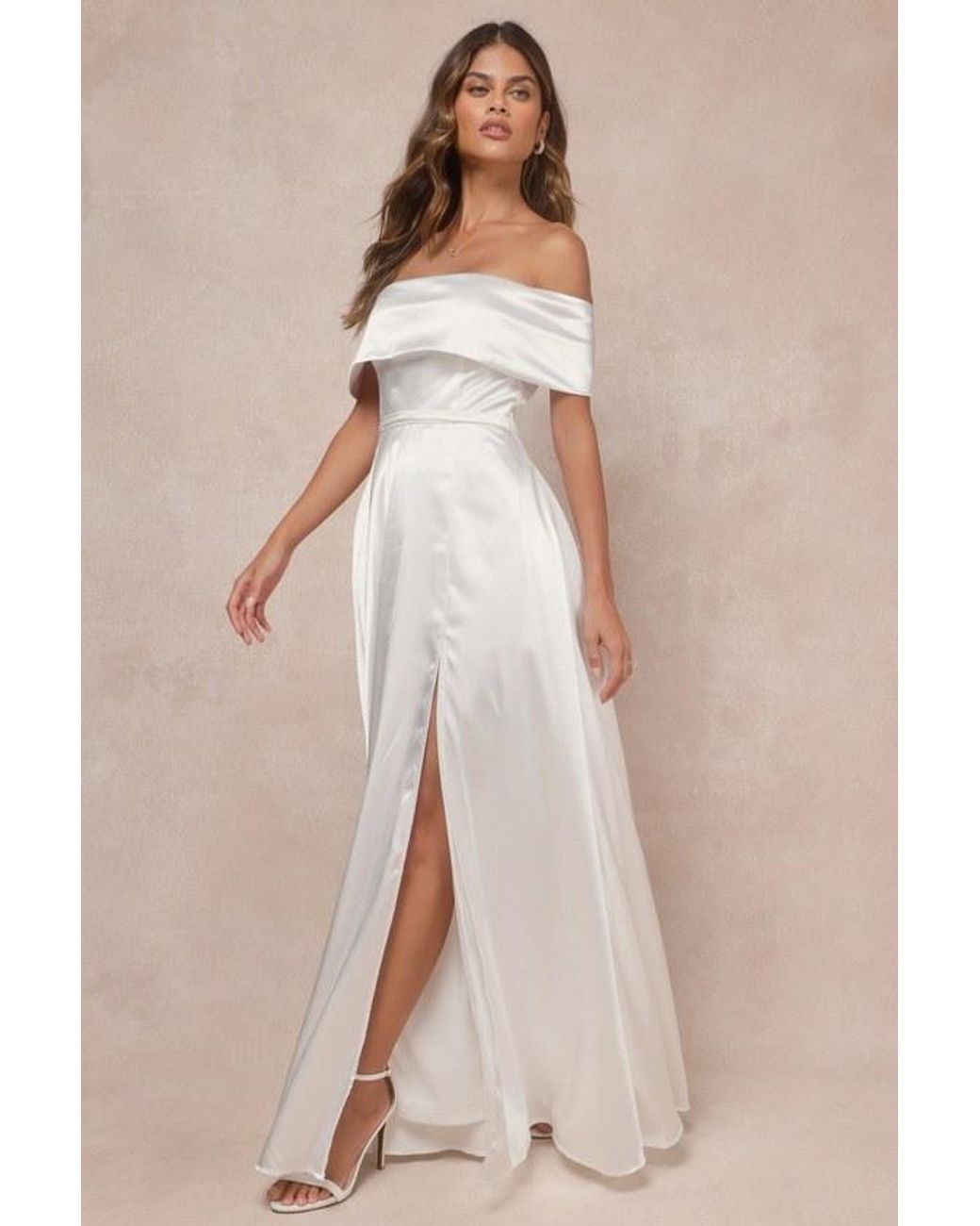 Lulus Natural Greatest Hits Satin Off-The-Shoulder Maxi Dress
