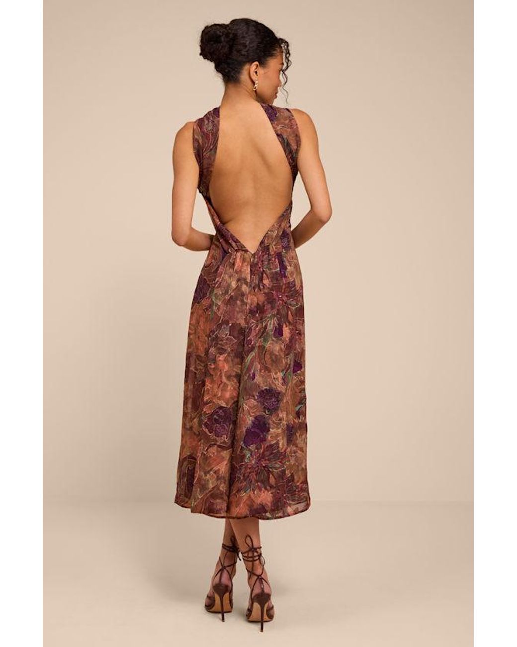 Lulus Natural Aviva Multi Jacquard Backless Scarf Midi Dress