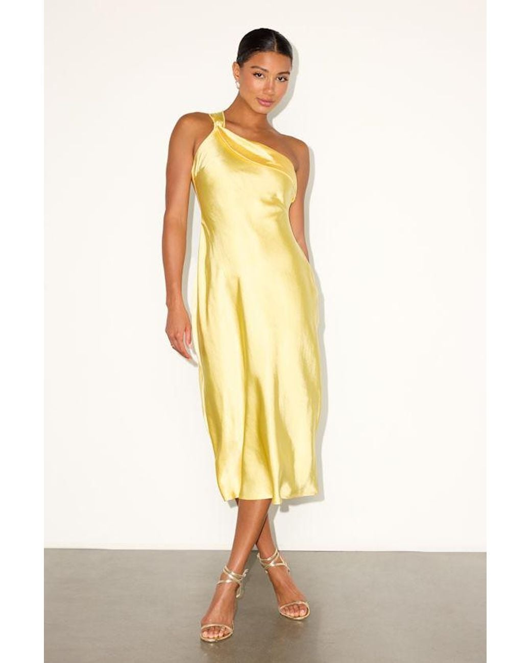Lulus Yellow Naima Satin One-Shoulder Midi Dress