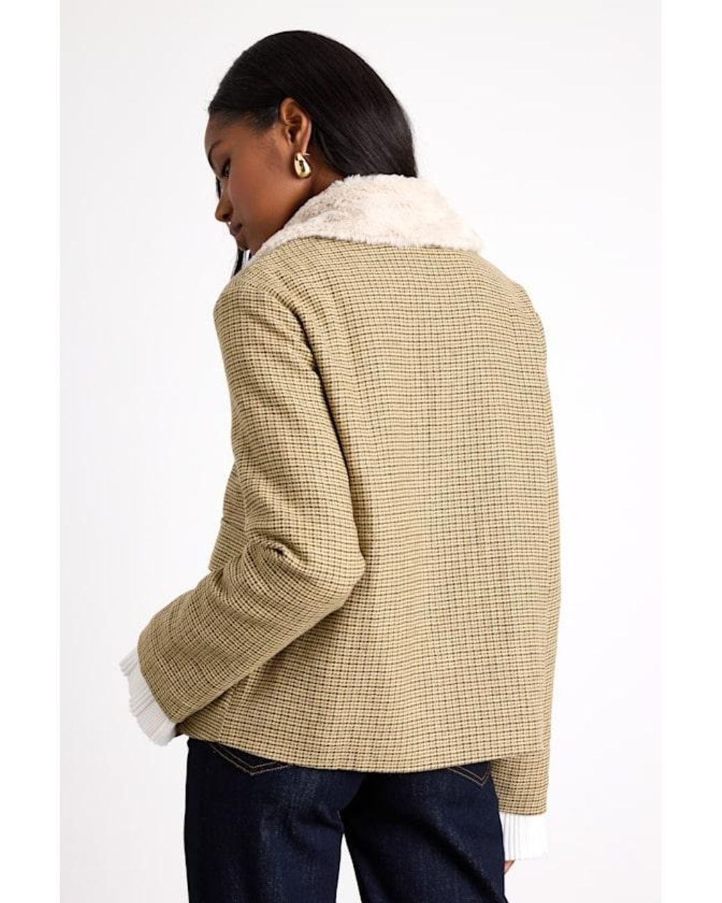 Lulus Natural Bertie Plaid Tweed Faux Fur Collar Jacket