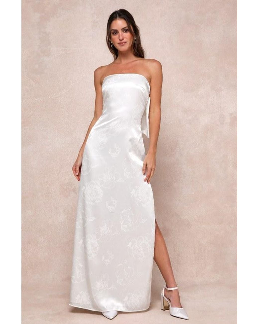 Lulus Natural Avid Elegance Satin Jacquard Strapless Bow Maxi Dress