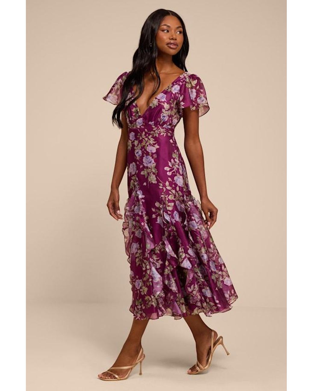 Lulus Pink Deluca Plum Floral Ruffled Midi Dress