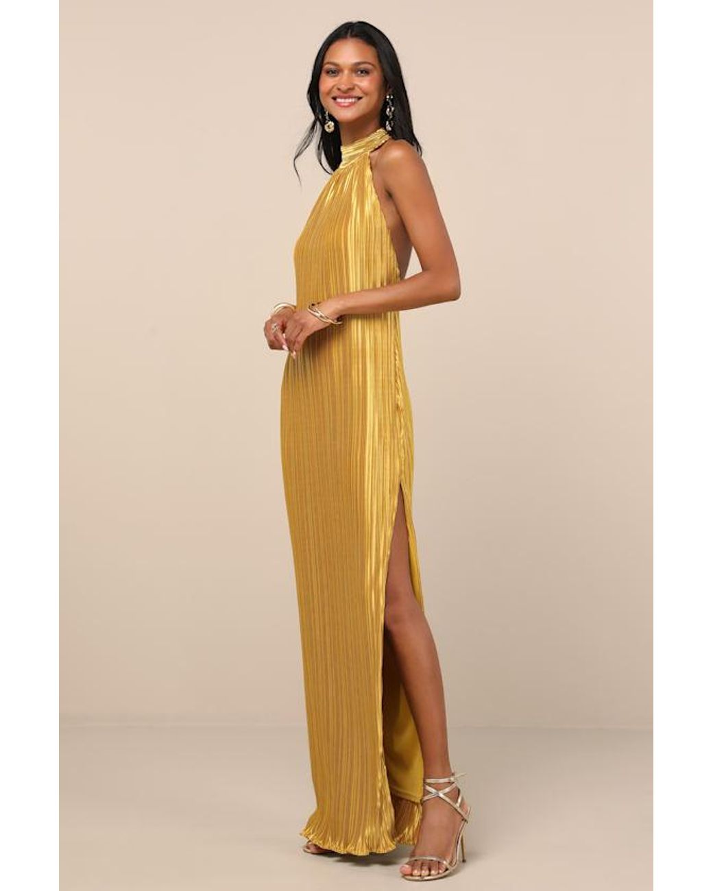 Lulus Gwenny Satin Plisse Maxi Dress in Yellow | Lyst