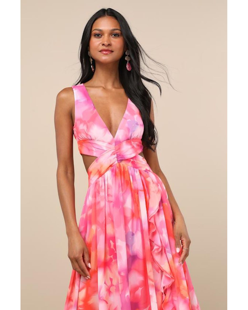 Lulus Pink Elisanna Multi Floral Lace-Up Midi Dress
