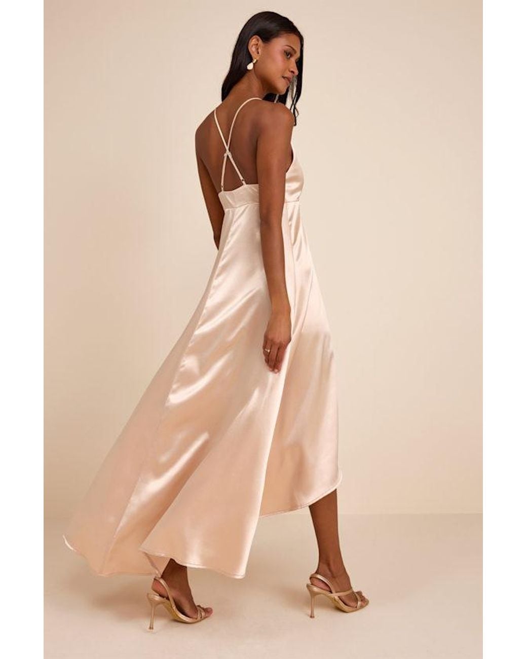 Lulus Natural Audria Satin Wrap High-Low Maxi Dress
