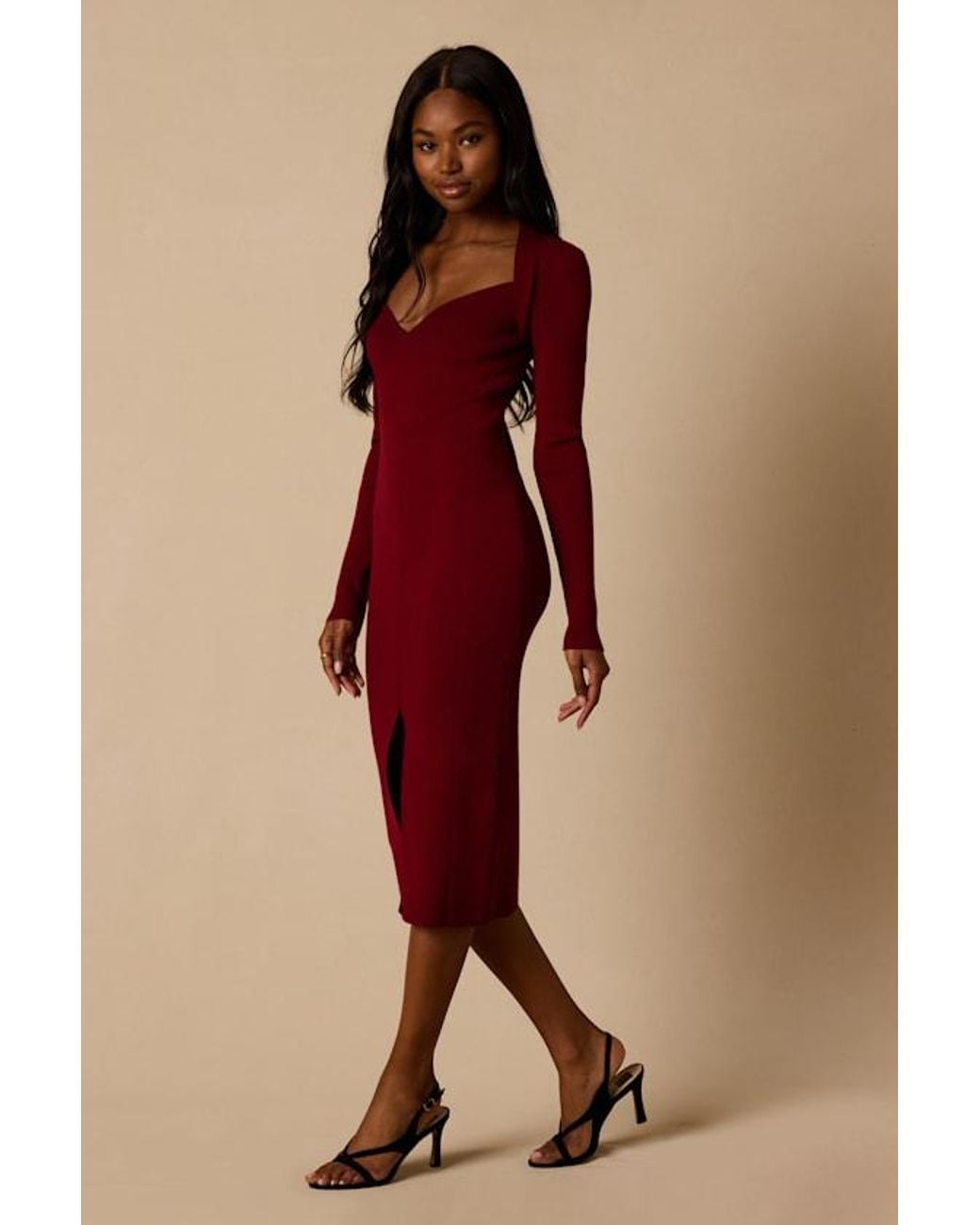 Lulus Red Adoring Me Long Sleeve Ribbed Knit Midi Dress