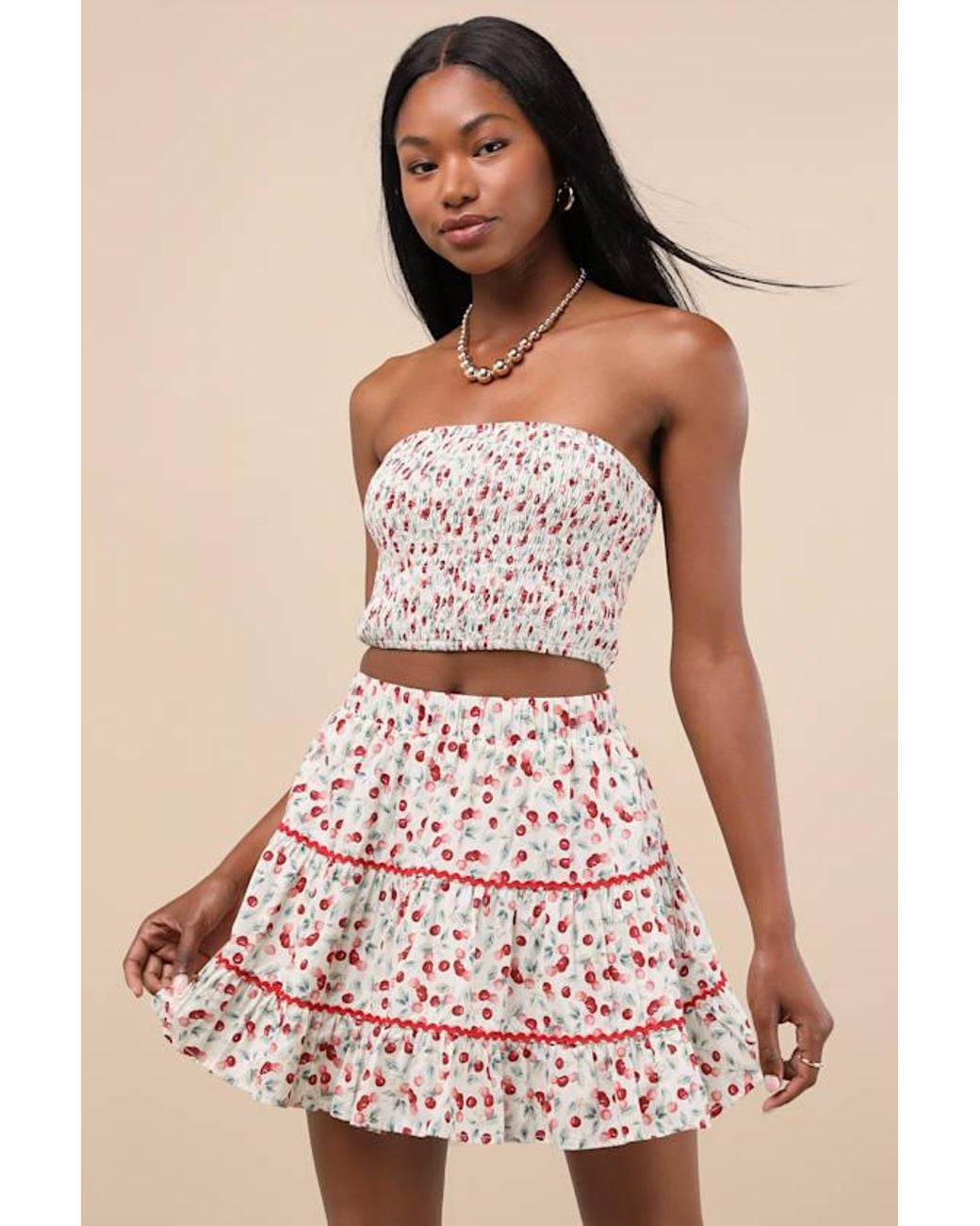 Lulus Pink Chelan Cherry Print Tiered Mini Skirt
