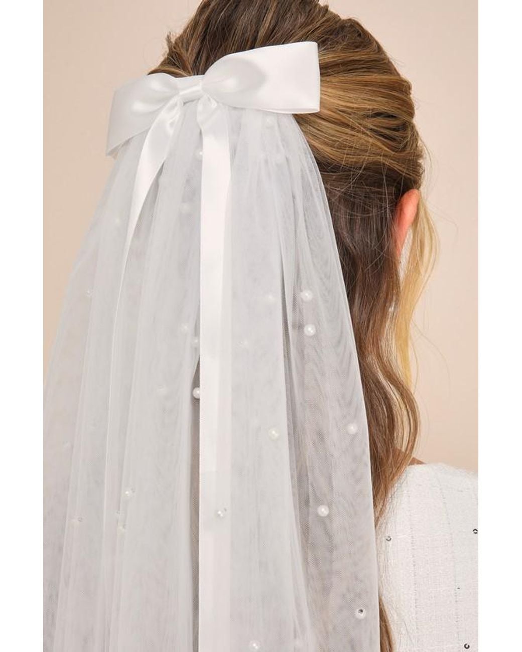Lulus White Beautiful Promise Satin Bow Pearl Mesh Veil
