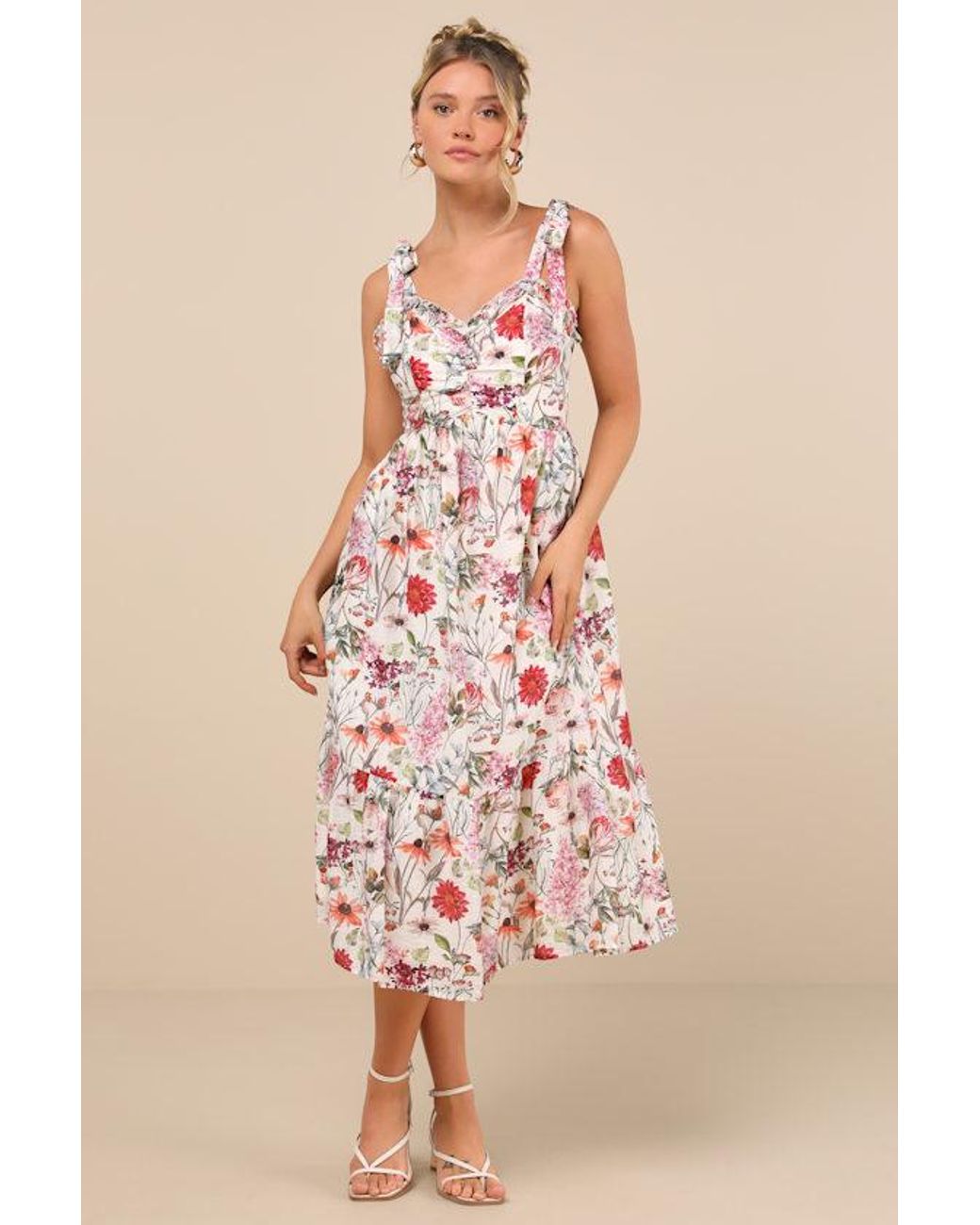 chinese dress ladies Red Dress | Coral Pink Floral Ruffle Trim Midi Dress main image 1