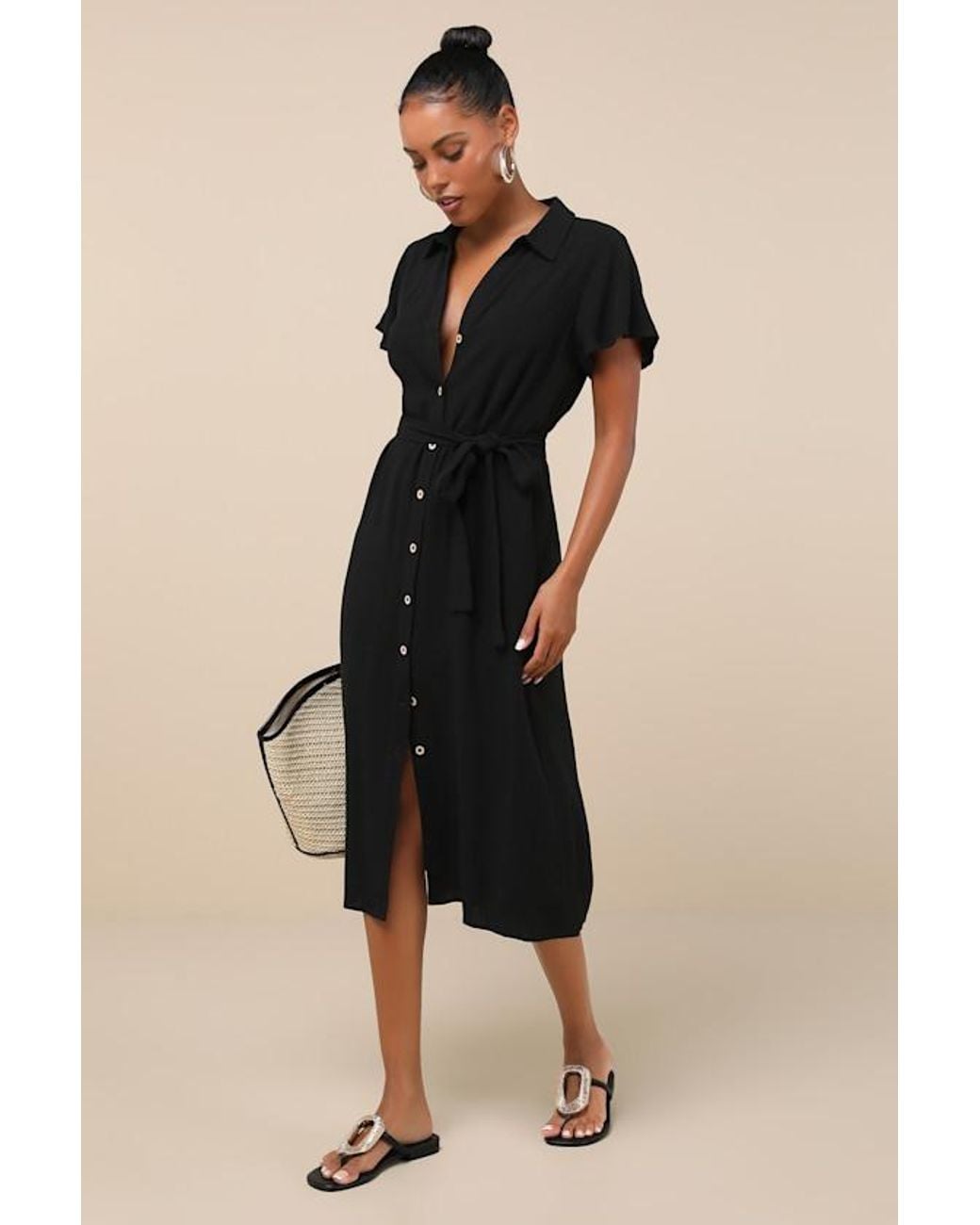 Lulus Black Italian Summer Linen Button-Up Short Sleeve Midi Dress