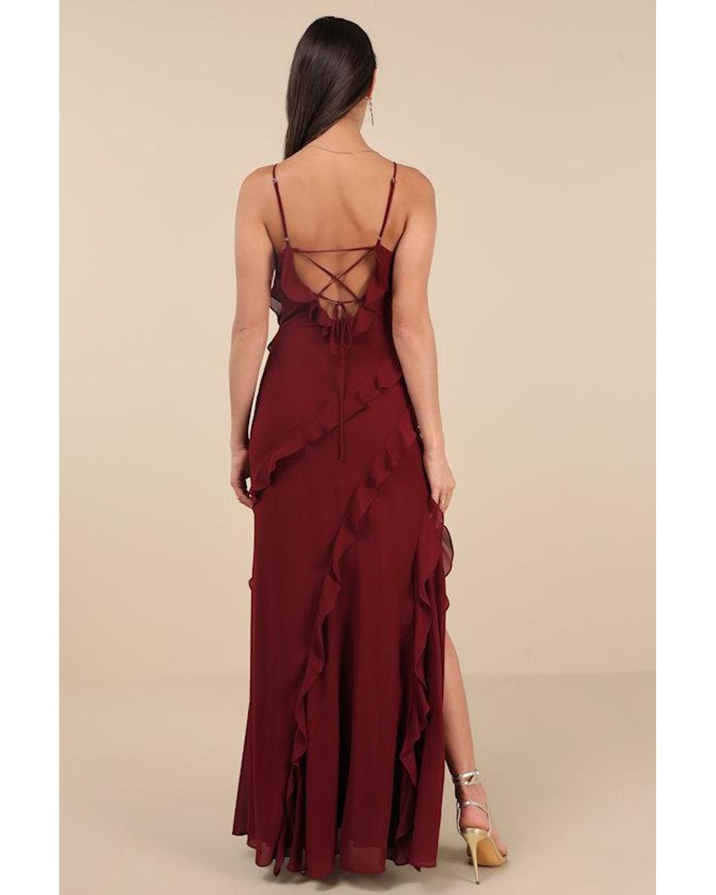 Lulus Red Fancy Sweetness Ruffled Lace-Up Sleeveless Maxi Dress