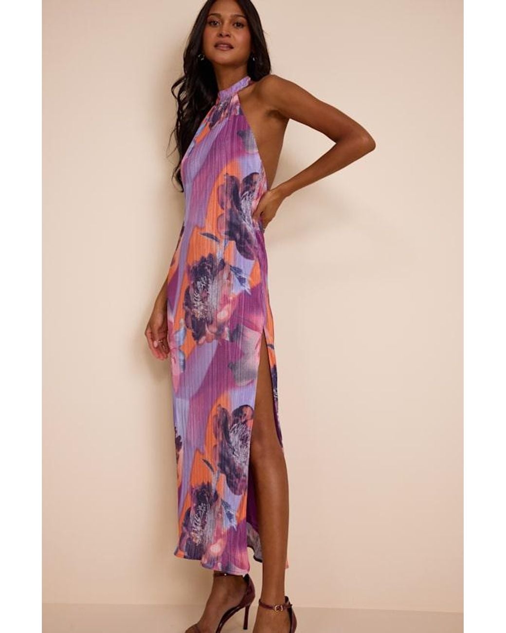 Lulus Pink Luala Multi Print Plisse Backless Maxi Dress
