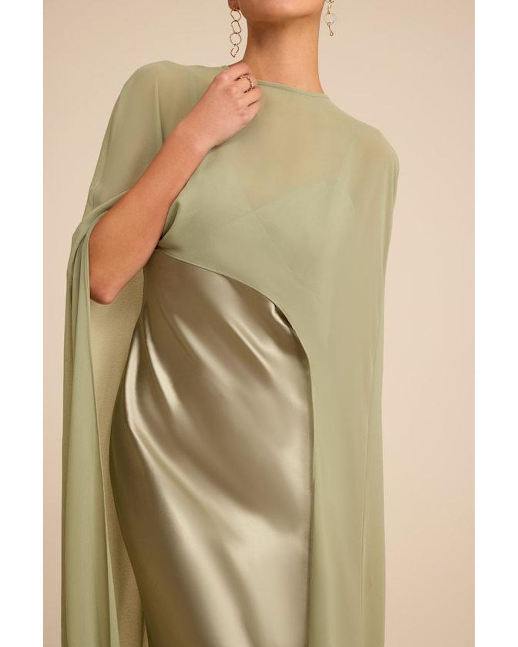 Lulus Natural Cavana Sage Satin Cape Maxi Dress