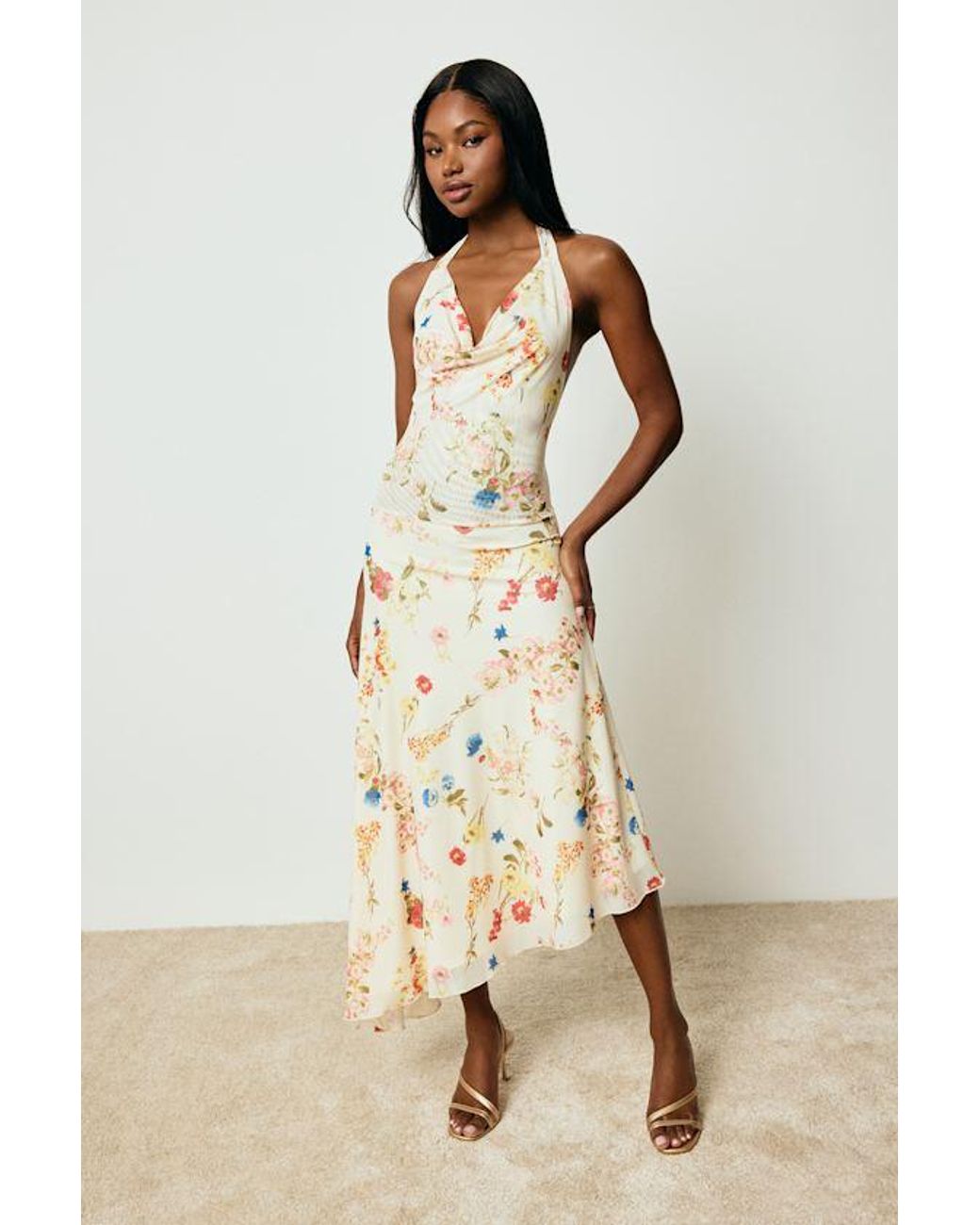 Lulus Natural Asa Cream Floral Halter Asymmetrical Midi Dress