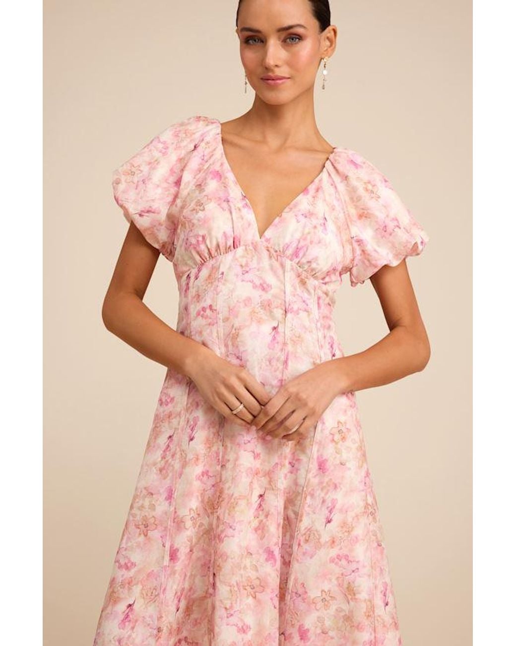 Lulus Pink Arleth And Floral Puff Sleeve Midi Dress