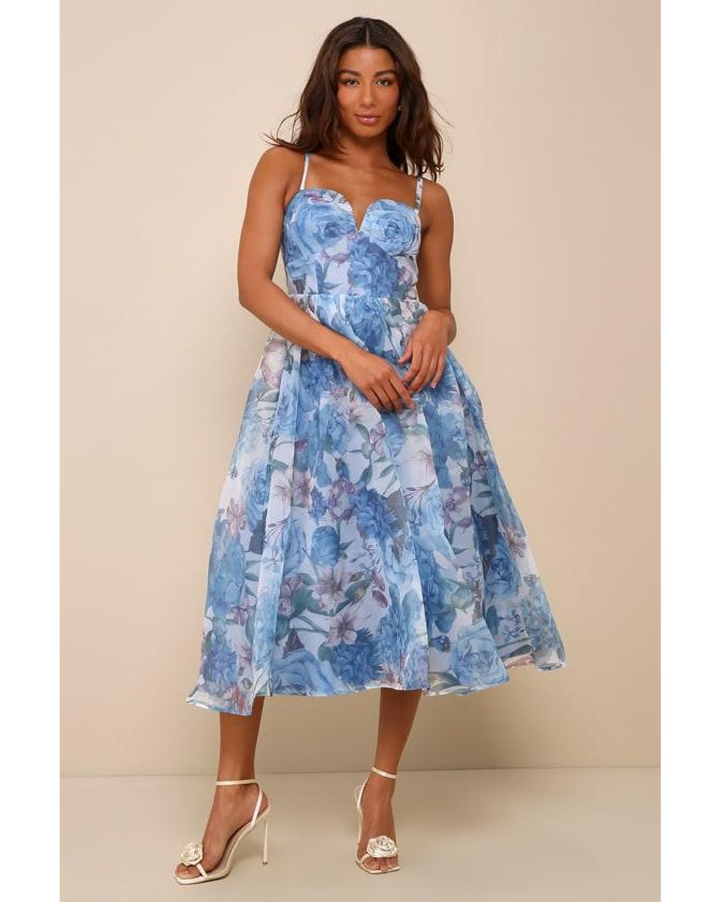 Lulus Blue Cherished Aura Multi Floral Organza Bustier Midi Dress