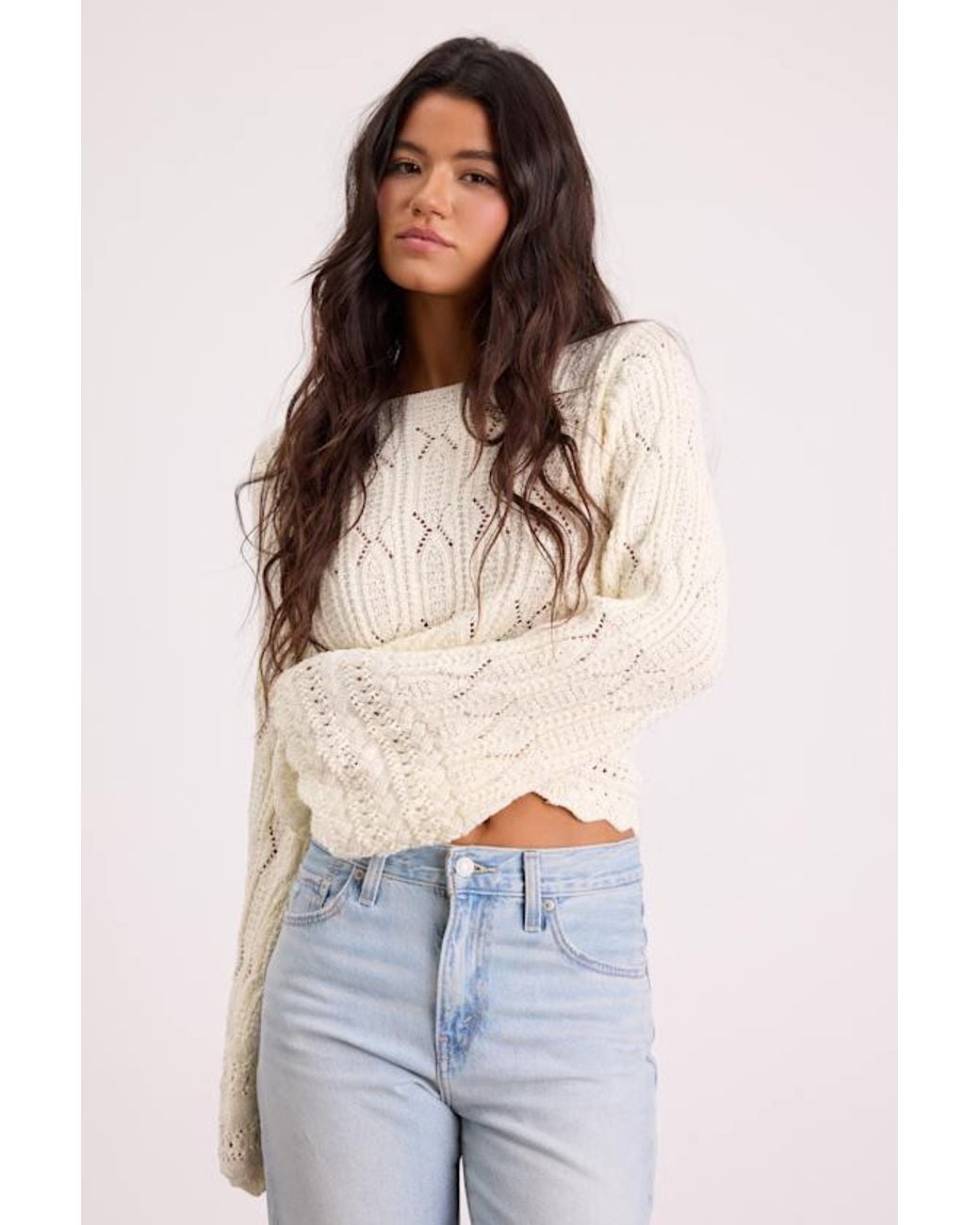 Lulus Blue Wendy Crochet Bell Sleeve Sweater