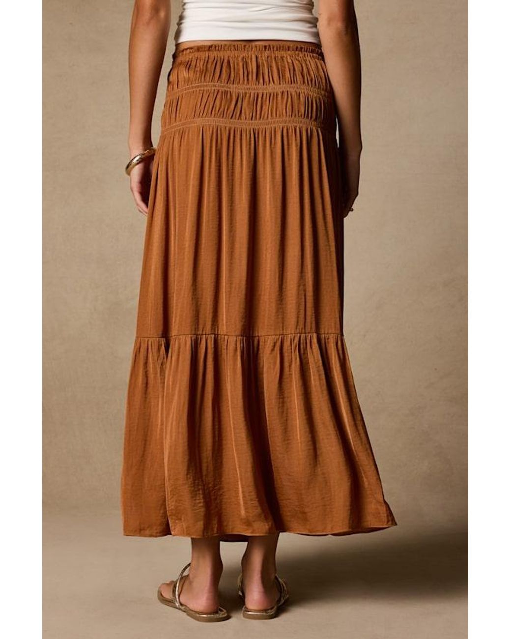 Lulus Brown Goldie Ruched Midi Skirt