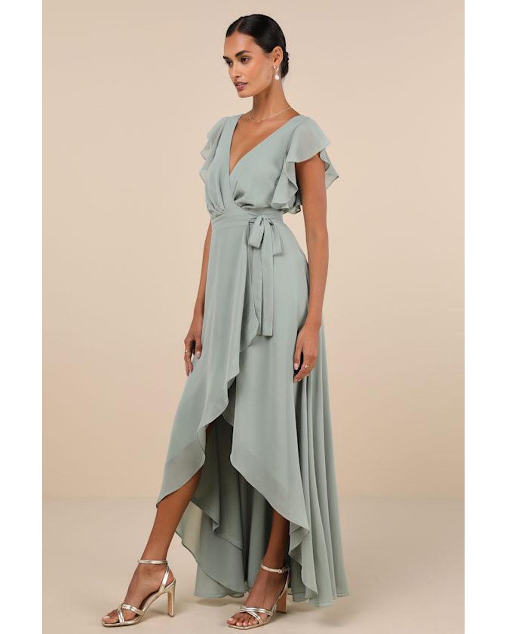 Lulus Green Ravishing Charm Sage Brush Ruffled Wrap High-Low Maxi Dress