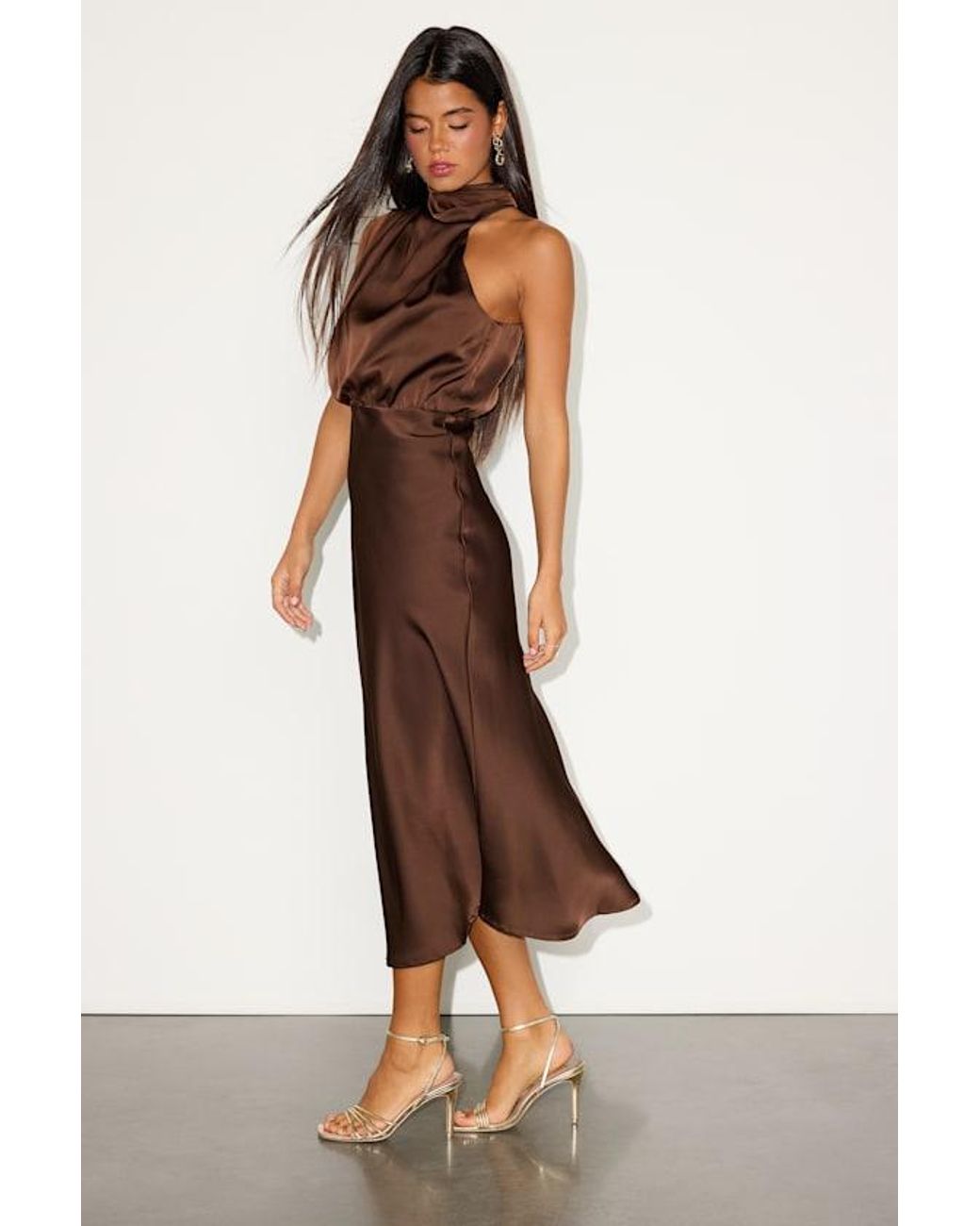 Lulus Distinctive Satin Asymmetrical Midi Dress In Brown Lyst Lulus Distinctive Satin Asymmetrical Midi Dress In Brown Lyst