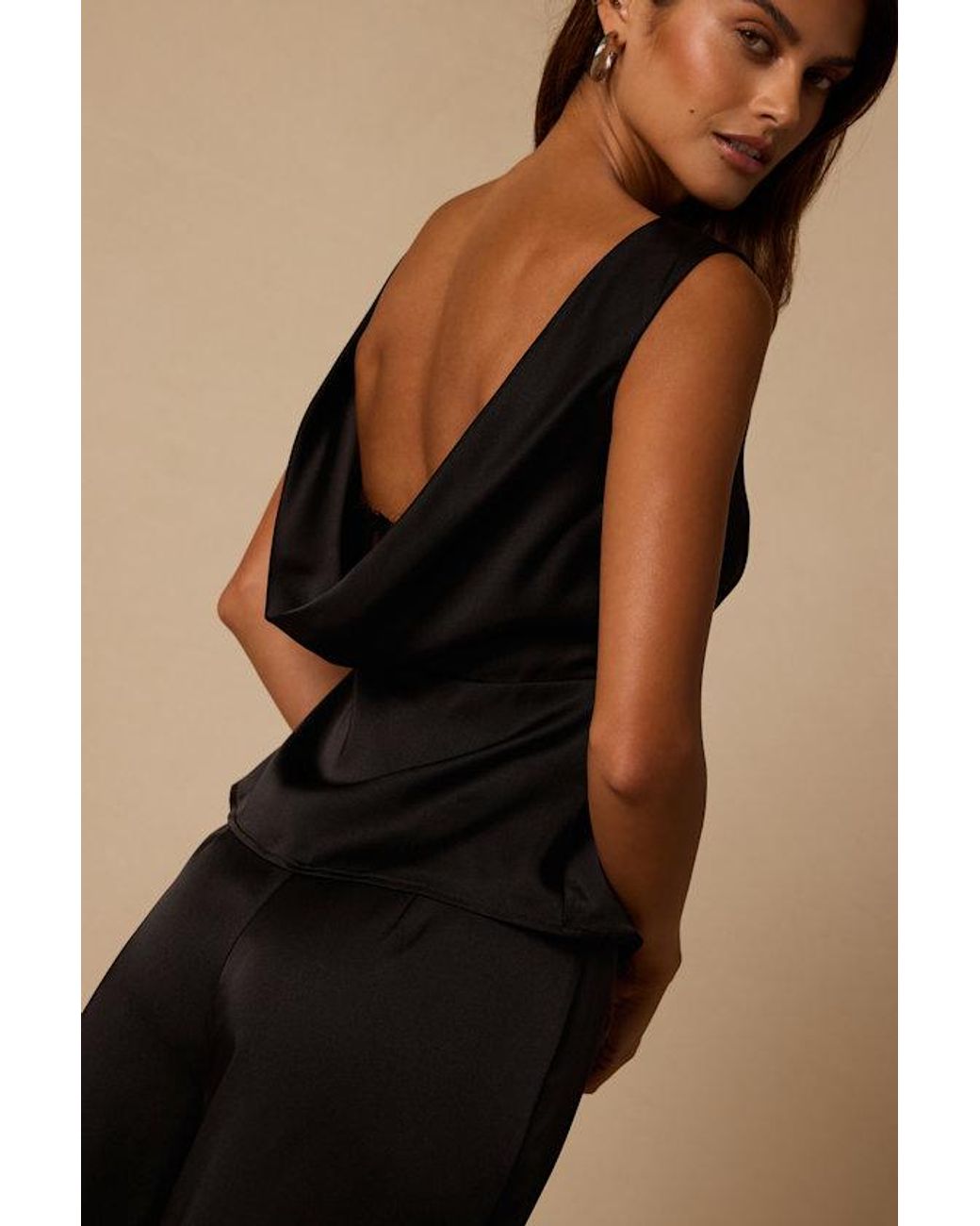 Lulus Black Arquette Satin Cowl Back Tank Top