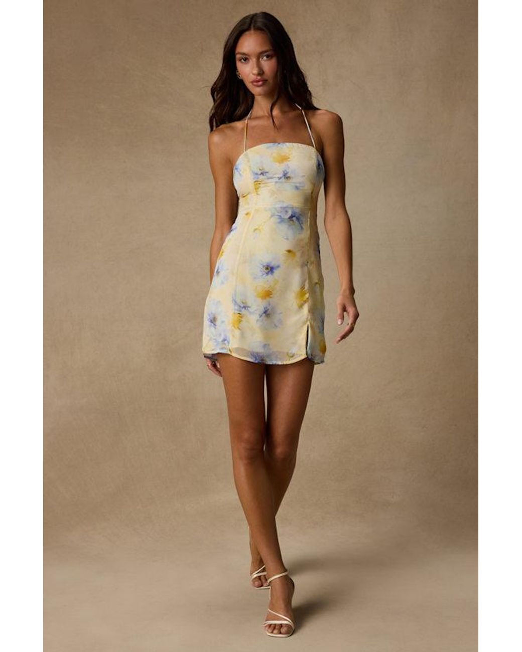 Lulus Natural Catch The Bouquet Floral Halter Lace-Up Mini Dress