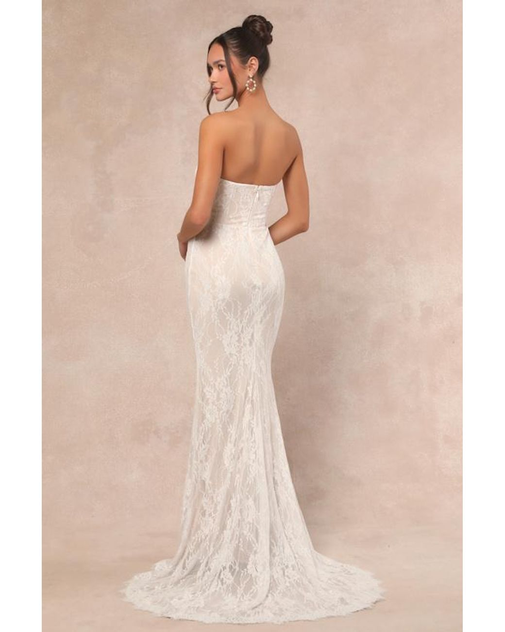 Lulus Natural Valeria Lace Strapless Bustier Maxi Dress
