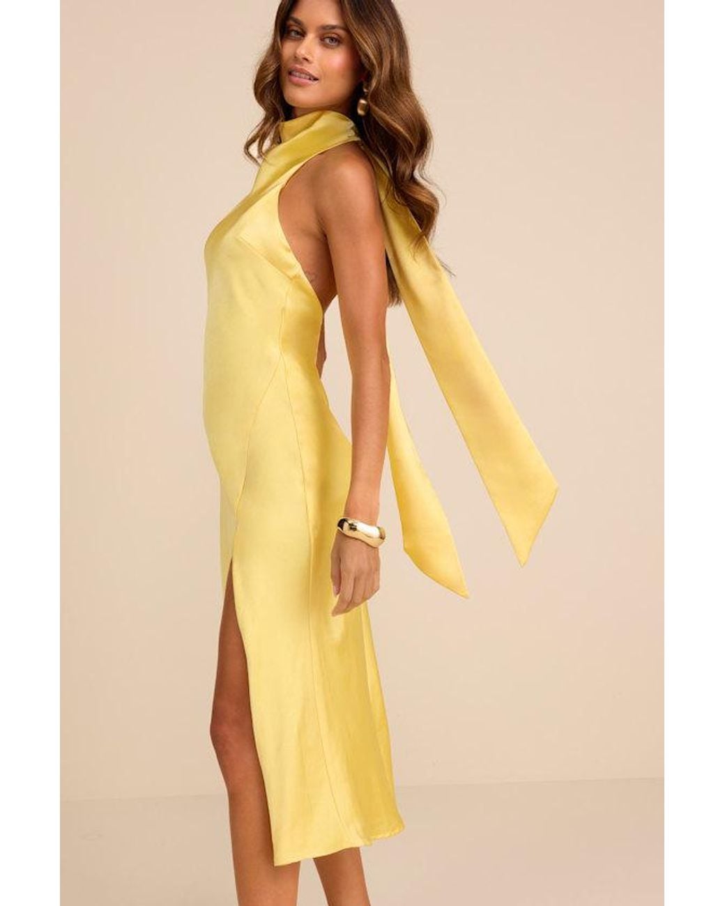 Lulus Yellow Exceptional Status Halter Backless Slip Midi Dress