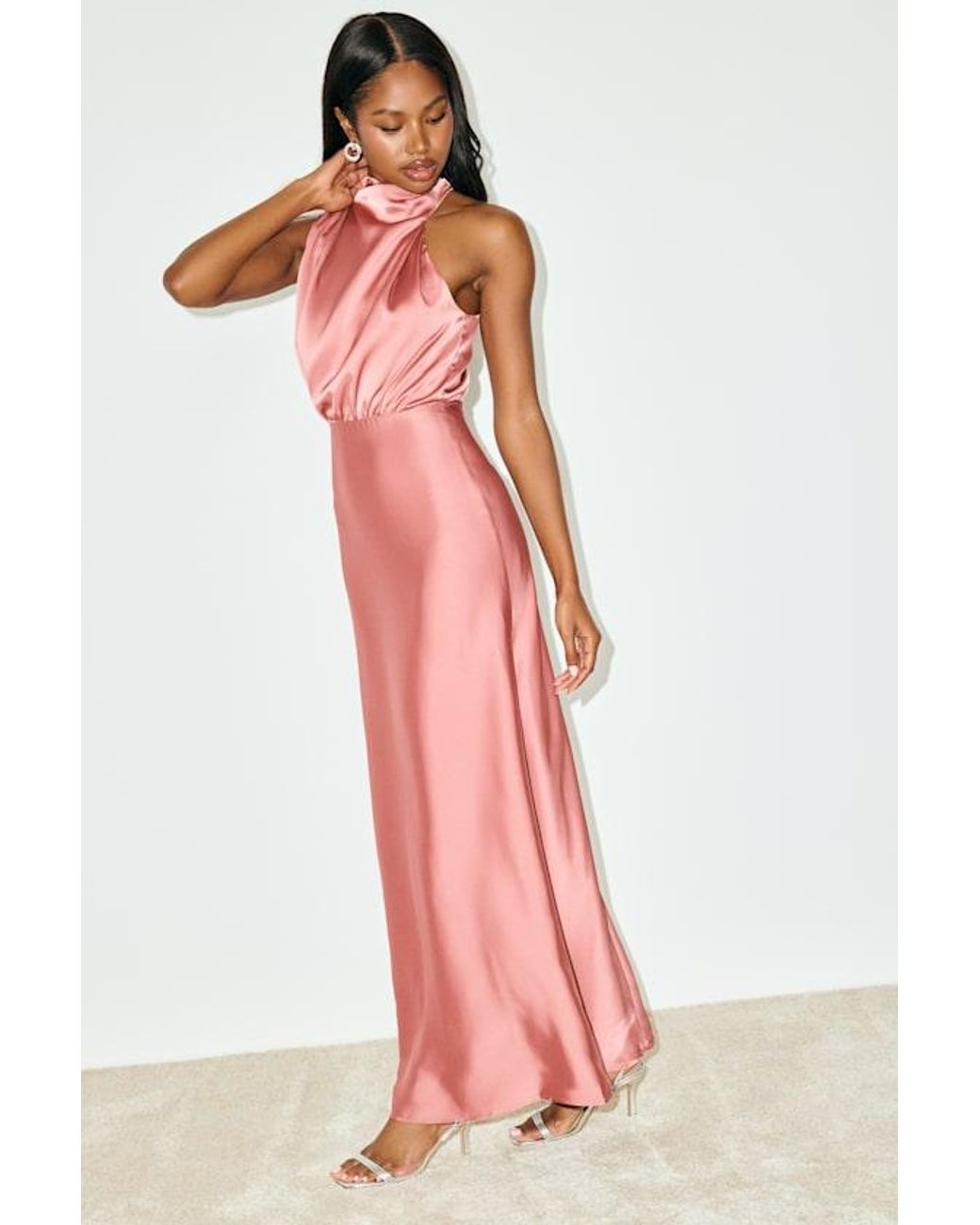 Lulus Pink Distinctive Charm Rose Satin Asymmetrical Maxi Dress