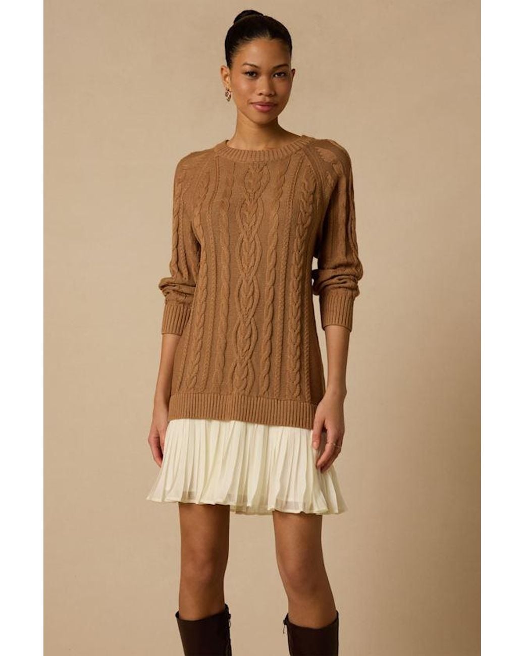 Lulus Natural Alvie Cable Knit Drop Waist Sweater Dress